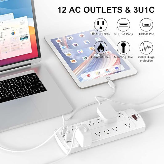 Yintar 6Ft Surge Protector Power Strip with 12 Outlets and 4 USB Ports | 6 Feet Flat Plug Extension Cord with Multiple Outlets for Home, Office, Dorm Essentials, 2700 Joules, ETL, White
