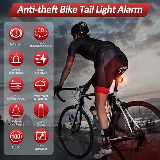 Bike Alarm with Remote, Bike Tail Light & Brake Light Auto ON/Off USB-C Rechargeable, 110dB Bicycle Alarm System Anti Theft Vibration Motion Sensor for Bike, Ebike, Scooter, IP65 Waterproof