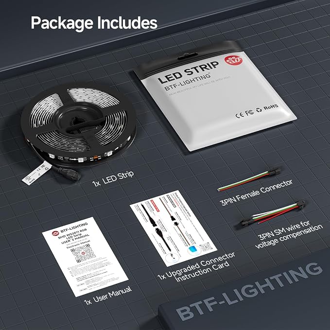 BTF-LIGHTING WS2811 Addressable RGB LED Strip 16.4FT 150LED DC12V IP30 | 50Pixels IC=RGB+IC UL Listed Black PCB Flexible Chasing Effect for Indoor Home Decor,3M Tape(No Adapter or Controller)