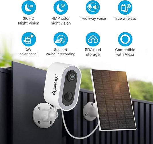 Solar Security Cameras System Wireless Outdoor, 1 Camera Home Surveillance, Color Night Vision, 24/7 Recording, Motion Detection, Weatherproof