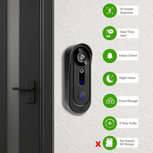 Doorbell Camera Wireless 1080P, Video Doorbell Wireless with Chime, Cloud Storage,Night Vision, Motion Detection,2 Way Audio, Weather Resistant, Real Time Alert,2.4G WiFi (Black)