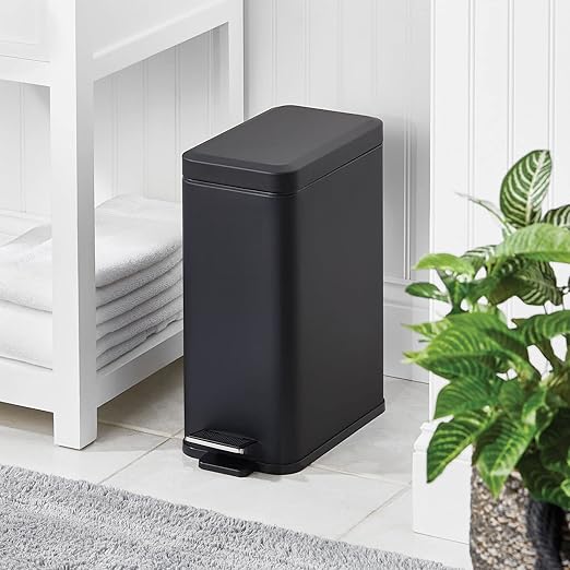 mDesign Pedal Bin โ Waste Bin with Pedal, Lid and Plastic Bucket Insert for Bathroom, Kitchen, and Office โ Metal Household Rubbish Bin with Ergonomic Design โ Black