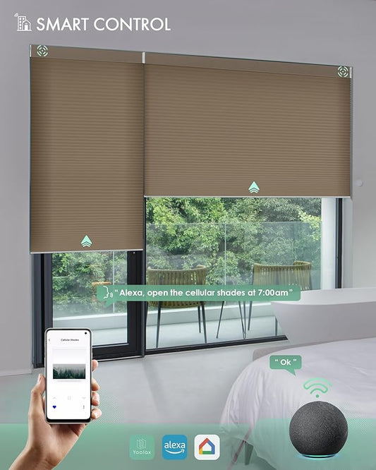 Yoolax Motorized Cellular Shades Compatible with Alexa, Light Filtering Motorized Blinds with Remote Smart Honeycomb Shades for Indoor Windows, Automatic Blinds Custom Size (Brown)