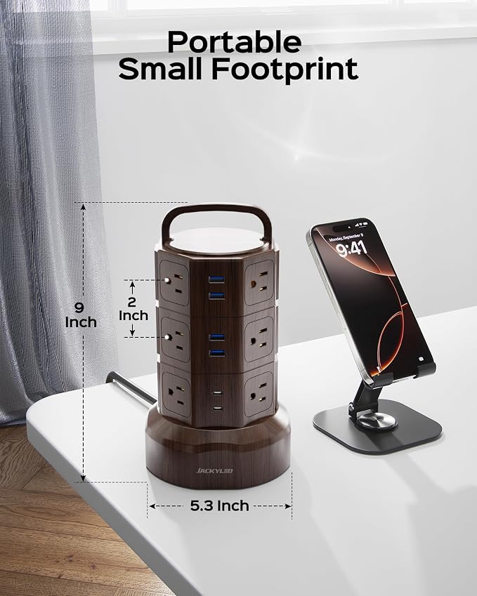 JACKYLED Power Strip Tower Surge Protector, 12 AC 6 USB (2 USB C), 1050J | 6.5Ft Retractable Extension Cord with Multiple Outlets, 1625W/13A Outlet Extender, USB Charging Station for Home Office Dorm
