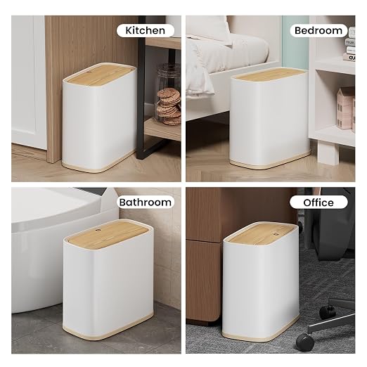 Bathroom Trash Can 2.6 Gal, Wheels, Air Vent, Faux Wood Top