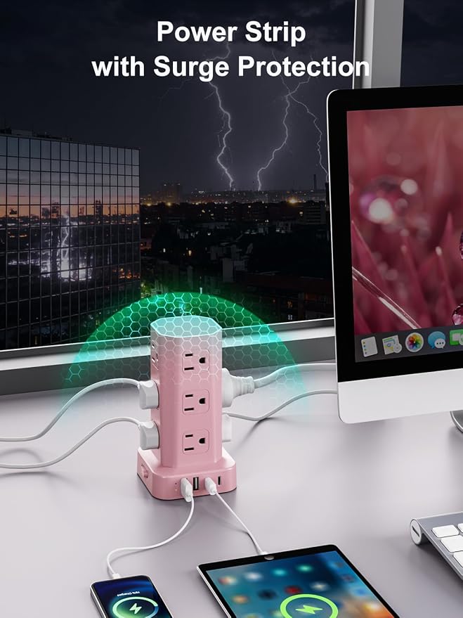Power Strip Tower Surge Protector, 6FT Flat Plug Extension Cord with Multiple Outlets, 12 AC Outlets 4 USB (2 USB C), Desktop Charging Station with Surge Protection for Home Office Dorm Room, Pink