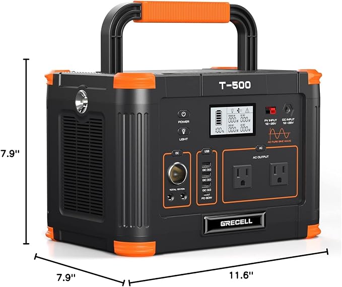 Portable Power Station 500W(Peak 1000W), 519Wh Outdoor Solar Generator