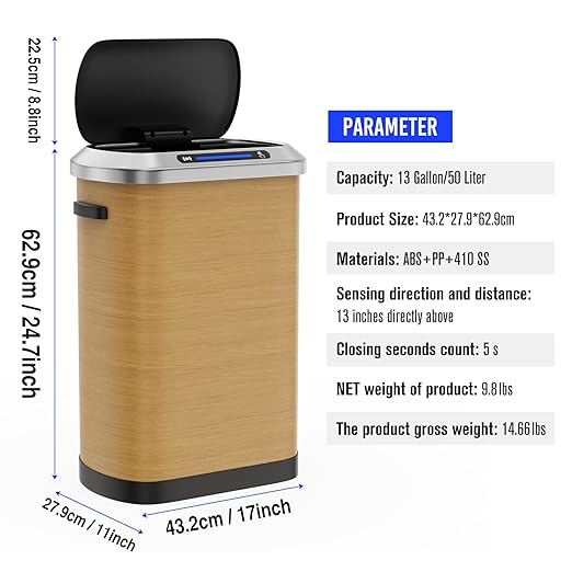 pouseayar 13 Gallon Smart Automatic Trash Can with Lid, Stainless Steel Thickened Body & Super Mute Sensor Lid with 30 Count Garbage Bags for Kitchen Office Bedroom Waste Bin and More - Wood Color
