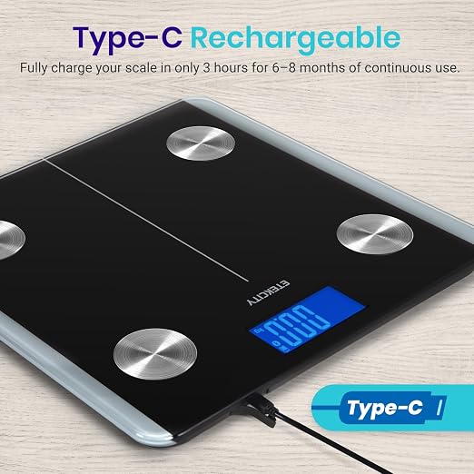 Etekcity Rechargeable Smart Scale for Body Weight, Bluetooth, 400 lb | Digital bathroom scale tracks BMI, body fat and muscle mass, with accurate weighing and smartphone app sync