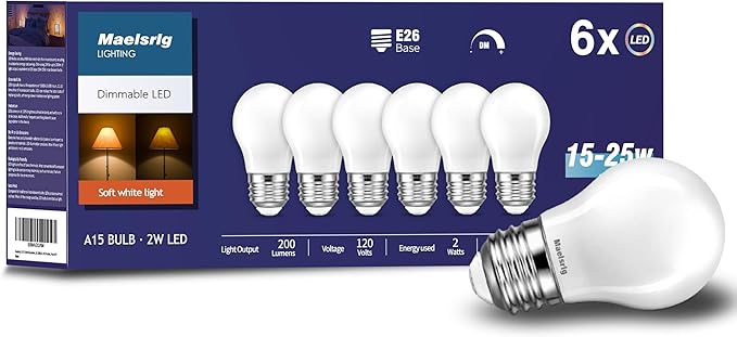 Maelsrlg 25 Watt Light Bulbs Soft White 2700K, Dimmable, 2W 200 Lumen LED Bulb, E26 Medium Base, 120V, A15 Frosted, Pack of 6