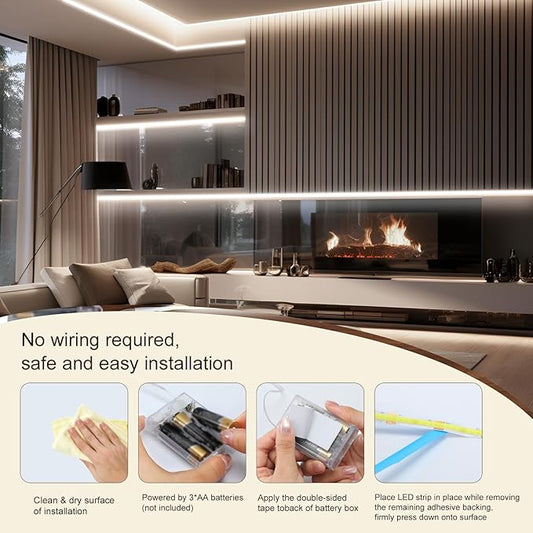 ZSLAIFU Battery Powered LED Strip Lights, 2Pack 3.3FT COB LED Light Strip, Battery Operated LED Lights, White LED Strip Lights Battery Powered for Closet, Cabinet, Shelf, Kitchen, DIY Lighting
