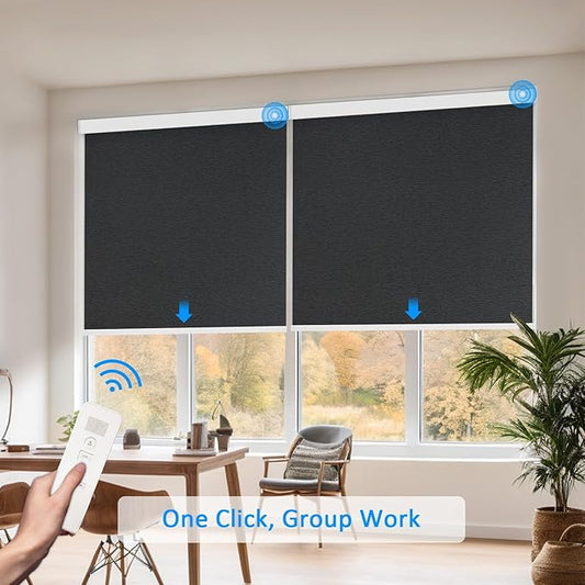 Motorized Blinds with Remote Cordless Automatic Motorized Shades Custom Blinds for Windows Smart Curtains Compatible with Alexa Google Home(Blackout Jacquard Black,W46 x H72in)