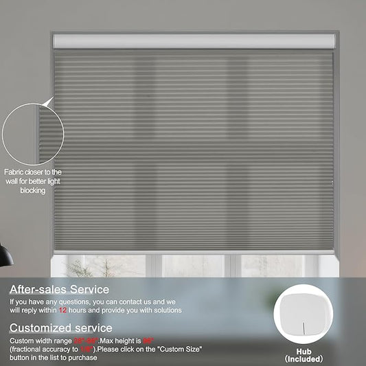 BERISSA Motorized Cellular Shades, Light Filtering Smart Honeycomb Blinds with Remote Control & Hub, Custom Room Darkening Automatic Cellular Window Blinds for Home Office, Living Room, Door,Gray