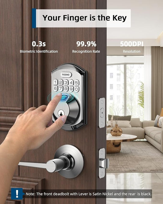 TEEHO TE002L Fingerprint Door Lock with 2 Lever Handles, Keyless Entry Deadbolt with Handle Set, Electronic Keypad Deadbolt for Front Door, Auto Lock and 1 Touch Locking, Satin Nickel