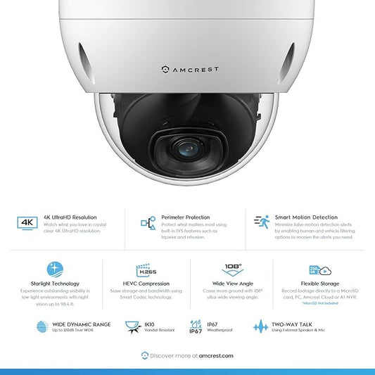 Amcrest UltraHD 4K (8MP) AI Outdoor Security POE IP Camera, 4K @30fps, Face Detection, Human & Vehicle Detection, IK10 Vandal Resistant Dome, MicroSD Recording, White (REP-IP8M-2693EW-AI) (Renewed)