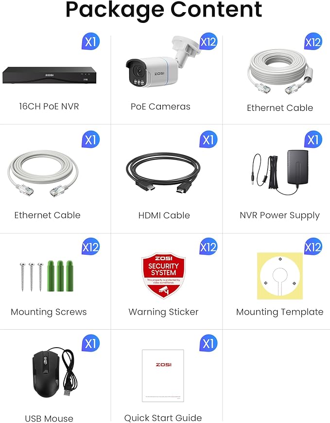 ZOSI 4K 16CH PoE Security Camera System,12pcs 4K C186 Aurora Lux Outdoor PoE Cameras with True Full Color Night Vision,Person Vehicle Detection,2 Way Audio,8MP 16CH NVR with 4TB HDD for 24/7 Recording