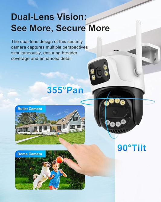 6MP Dual Lens Wireless Outdoor Security Camera Outdoor, WiFi Home Survaillance Camera, PTZ, 355°Pan, 90° Tilt, Human Detection & Auto Tracking, 2-Way Audio, IP66, 24/7 Recording,Night Vision