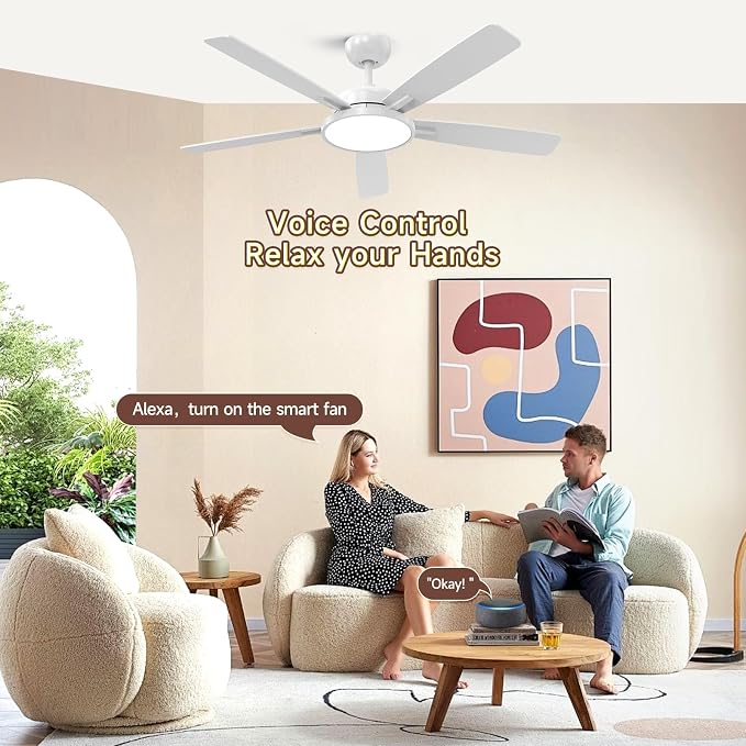 Roomratv 52 Inch Smart Ceiling Fan Compatible with App/Alexa/Google home | White,Beep-Off ,Ultra Quiet,Bright and Dimmable Led Light,Energy saving,Reversible,Remote Control