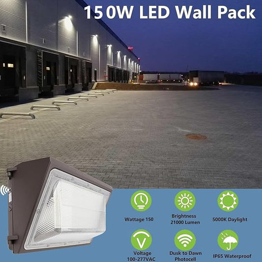 Dusk to Dawn 150W LED Wall Pack Light, 21000LM 800-1000W HPS/HID Equivalent, 5000K Daylight Commercial Outdoor Security Lighting with Photocell Sensor, ETL for Parking Garages,Warehouse,Entrance