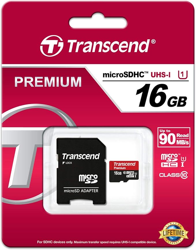 Transcend 16GB MicroSDHC Class10 UHS-1 Memory Card with Adapter 60 MB/s (TS16GUSDU1)