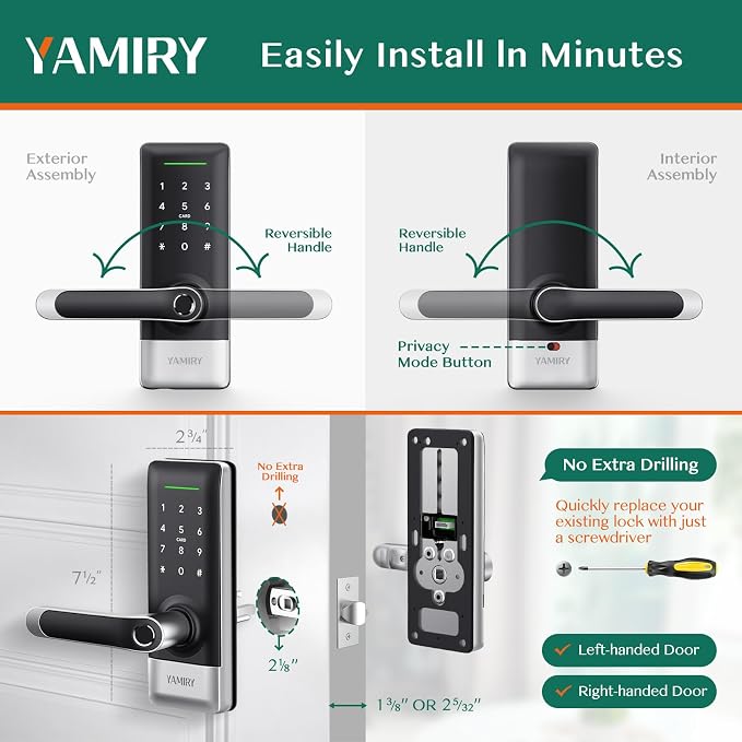 Yamiry Smart Door Lock, Biometric Fingerprint, Keyless Entry, App Control, 6 Ways to Unlock, DIY Installation (Silver)