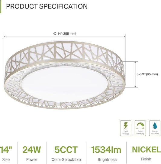 ASD 14 Inch LED Flush Mount Ceiling Light Fixture for Bedroom, 24W 1534LM 5CCT 2700K-5000K, Triac Dimmable Lights, Dining, Living Room, Kitchen Lamps, Modern Home Lighting Fixtures, Nickel, ETL