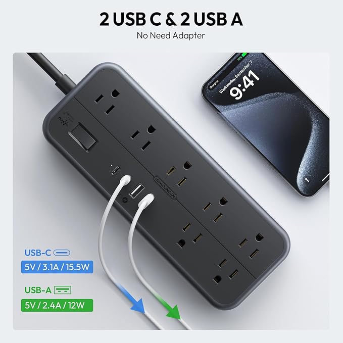 NTONPOWER 25 FT Extension Cord 10 Widely Spaced Outlets, 4 USB Port(2 USB C Port), Ultra Thin Flat Plug Extension Cords 25 Feet, Long Extension Cord for Home Office Garage, Black