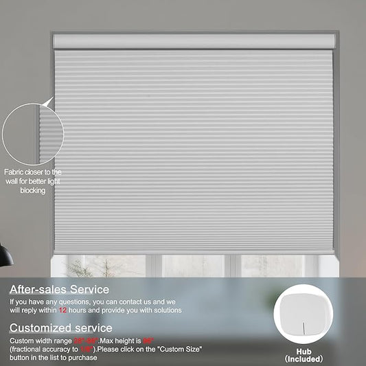 BERISSA Motorized Cellular Shades, Blackout Smart Honeycomb Blinds with Remote Control & Hub, Custom Room Darkening Automatic Cellular Window Blinds for Home Office, Living Room, Door,White