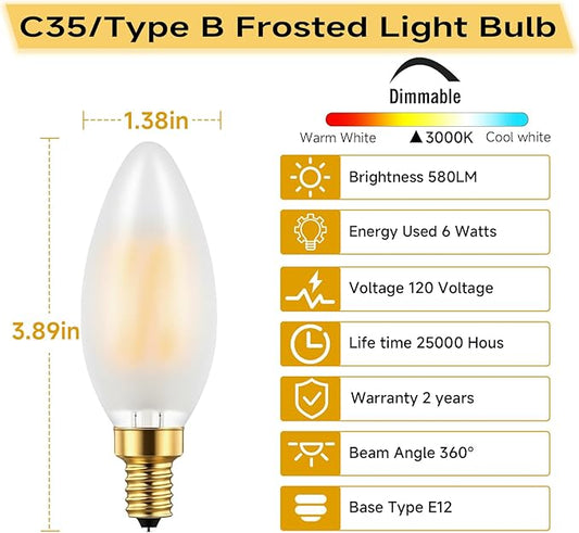Type B/B11 E12 LED Filament Bulb, 6W/60W Equivalent 3000K Warm White – Frosted Glass, Dimmable, Ideal for Chandeliers & Ceiling Fans, 6-Pack(3000K)
