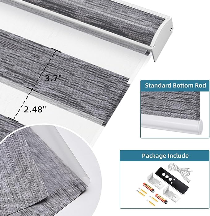 SmartWings Motorized Zebra Blinds with Remote, Custom Size Smart Electric Roller Shades for Windows, Automatic Light Filtering Dual Layer, Cordless Battery Motor, 95mm 85% Blackouit Light Grey