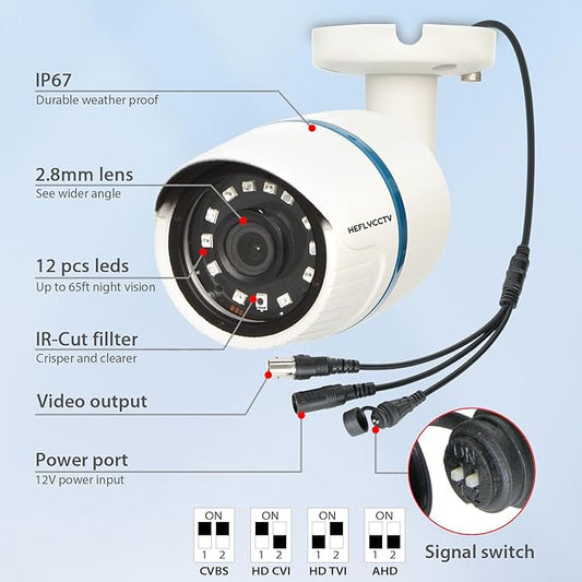 5MP Security Bullet Analog Camera 4 in 1 Hybrid ahd tvi cvi cvbs Surveillance Bullet Wired BNC Cameras 2.8mm Lens IP67 Waterproof Aluminum Housing Outdoor Indoor CCTV Night Vision Camera