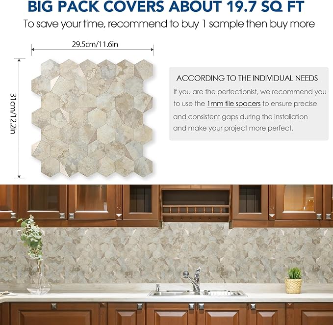 10-Sheet Heavy-Duty Hexagon Peel and Stick Backsplash, Thick Waterproof &Heat Resistant Stick on Wall Tiles, Ecru Beige Stone Mosaic for Kitchen & Bathroom, Strong Adhesive Permanent PVC Tiles