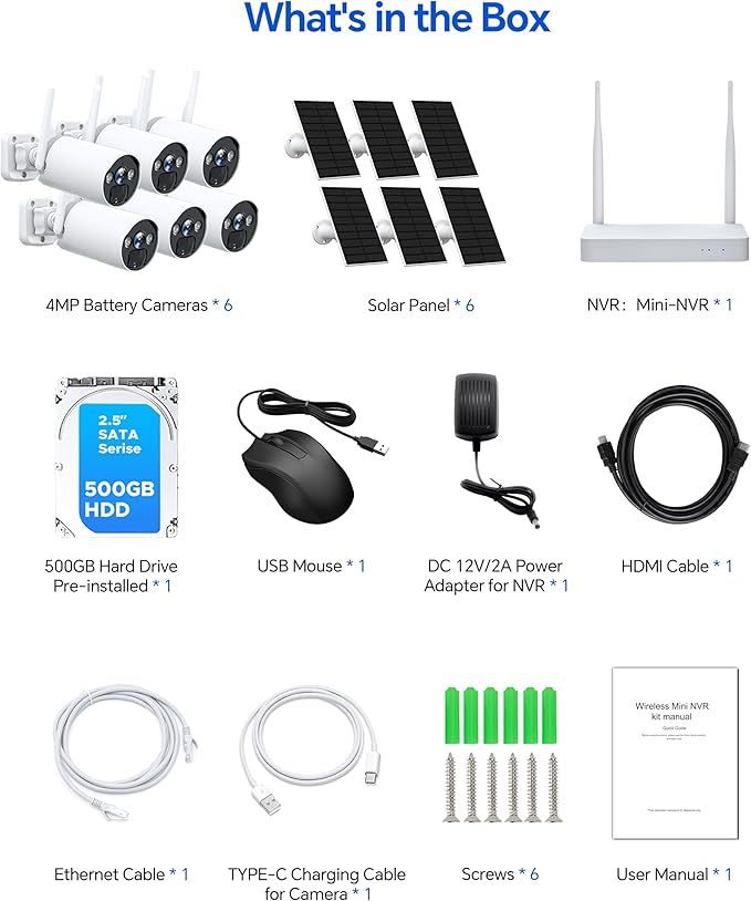 CAMCAMP 4MP Solar Camera Outdoor Wireless Security Camera system, 2.4G& 5G WiFi, Color Night Vision, 10CH NVR w/ 500GB HDD Local Recording, AI Person Detection, IP66, Home CCTV Surveillance 6 Cams-Kit