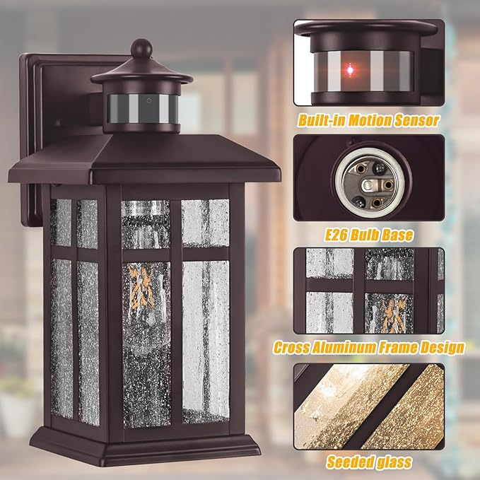 Brilvibera 2 Packs Motion Sensor Outdoor Lights- Outdoor Porch Lights Light Fixtures Motion Sensor Bronze, Porch Lights Outdoor Bronze, Exterior Lights for House, Garage, Door