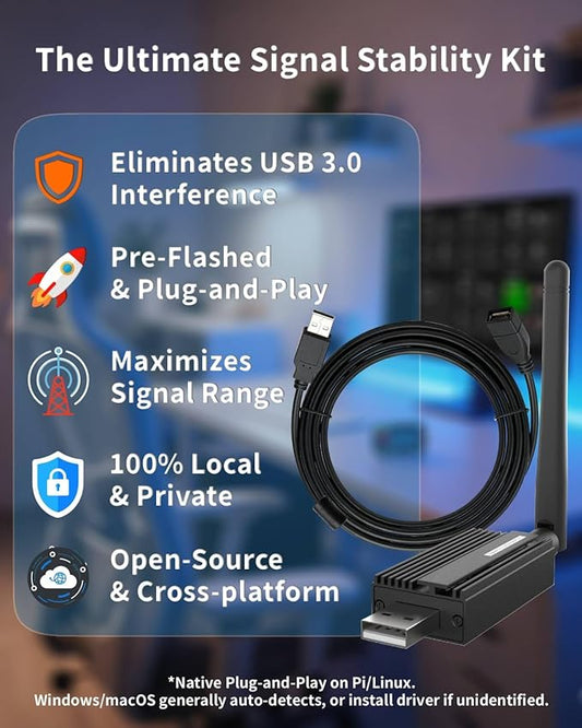 Zigbee 3.0 USB Dongle Plus-E (ZBDongle-E) Kit with 1.5m Shielded Extension Cable | Solves USB 3.0 Interference | EFR32MG21 Coordinator +20dBm for Home Assistant (ZHA), Zigbee2MQTT & Local Hub