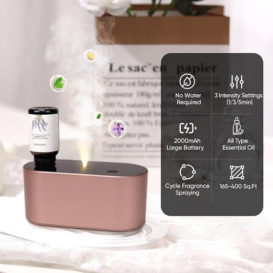 Lecdura Waterless Diffuser for Essential Oil, Battery Operated Scent Air Aromatherapy Diffuser, Mini Aroma Diffusers with 3 Intermittent Mist Modes, Cycle Start for Home Office Bedroom - Rose Gold