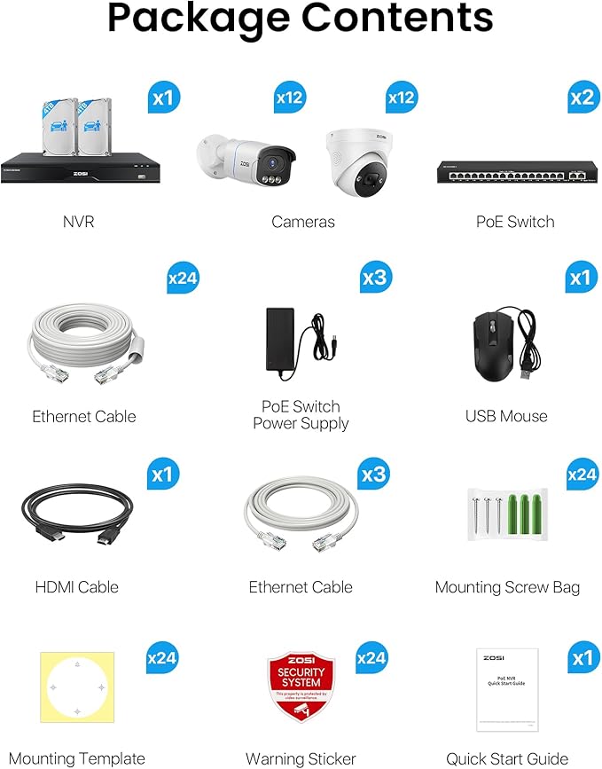 ZOSI 32CH 4K PoE Security Camera System,24 x 8MP Full Color Night Vision Outdoor PoE Cameras,Person Vehicle Detection,Spotlight Siren,2 Way Audio,32CH Surveillance NVR with 8TB HDD for 24/7 Recording