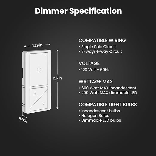 Feit Electric Dimmer Switch Remote, Wireless Smart Lighting Control, Push-Button Dimming, Beacon Control for Up to 4 Wired Dimmers, Battery-Powered (CR2032 Button Cell, 4-Year Life), DIM/Companion