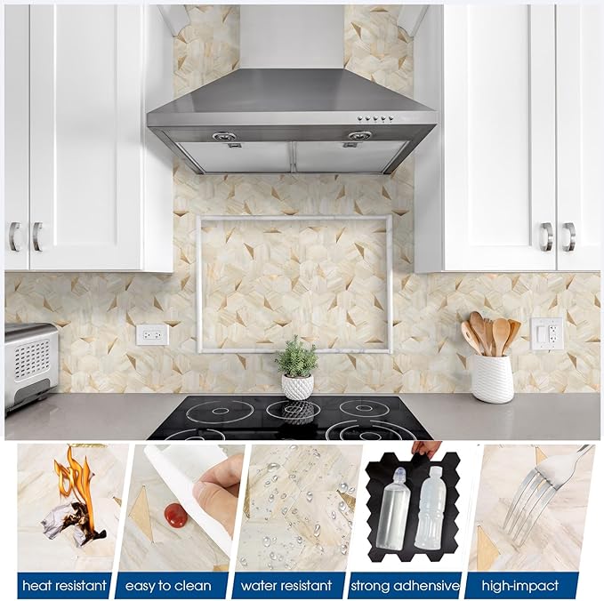 Hexagon Peel and Stick Backsplash for Kitchen Wall, 10 Sheets Heat Resistant Stick on Backsplash PVC Smart Tiles, 12'' Beige Marble Waterproof Peel and Stick Wall Tiles for Bathroom
