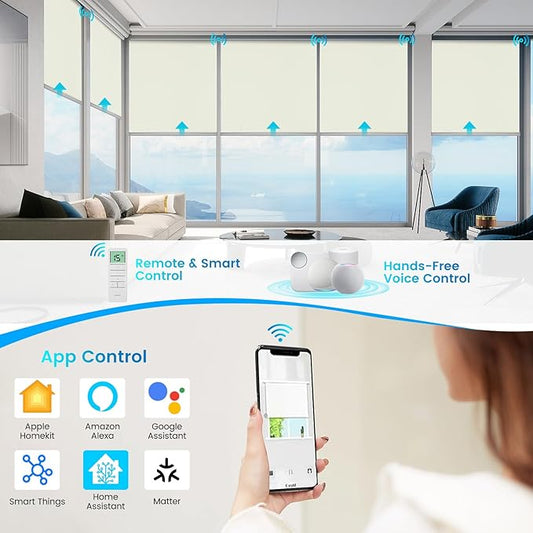Motorized 100% Blackout Roller Shade – Custom Smart Blinds with Remote, Rechargeable Battery or Plug-in Motor, Tuya WiFi Optional, Home & Office Automatic Window Shades (Medium Champagne/CH9441)