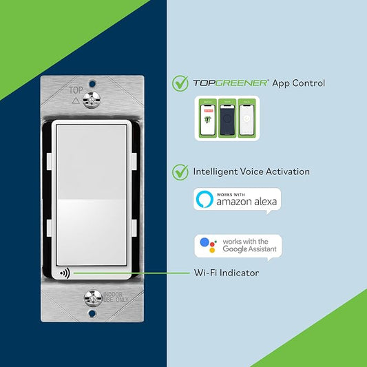 TOPGREENER Smart Wi-Fi Switch, Control Lighting from Anywhere, in-Wall, Single Pole or 3-Way, No Hub Required, Works with Amazon Alexa and Google Assistant, TGWF15S, White