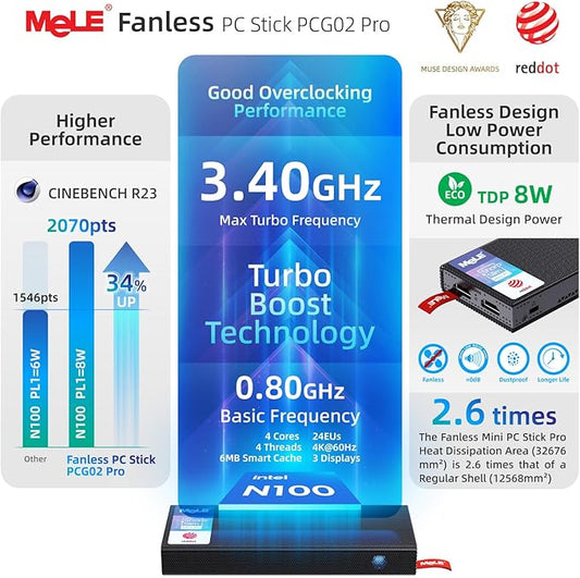 MeLE PCG02 Pro Fanless N100 Mini PC Stick 8GB LPDDR4x 256GB eMMC Win11pro Slim Micro Computer Stick Dual HDMI 4K Display WiFi 5 BT5.1 GbE, Support PD3.0 Protocol, on IoT, Digital Signage, MES, WMS