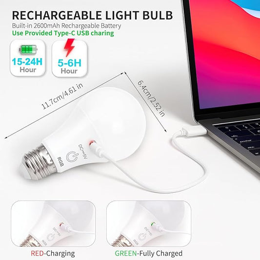 FRIDEKO HOME Rechargeable Light Bulbs - 2600mAh E26 Battery Operated Dimmable Lightbulb with USB-C Charging for Lamps | Touch Control | Timer Function - 1 Pack Portable Camping Emergency Light