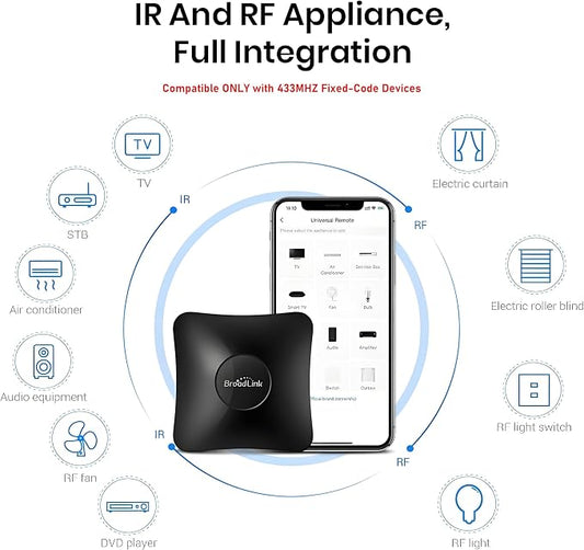 Broadlink Rm4 Pro Universal Remote with Sensor Cable,RF/IR Smart Remote | Fix Code 433MHz RF Smart Remote,38Khz IR Blaster for Home Automation, 2.4G WiFi Smart Home Hub Work with IFTTT