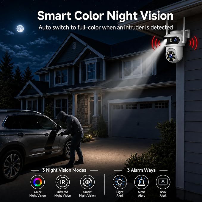 CAMCAMP Triple-Lens Security Camera Wireless Outdoor, Remote Access via APP | 1 Cam 3 views, auto tacking, human detected, plug-in power WiFi Pro, Color Night Vision, for big home side yard Gate Driveway