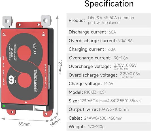 DALY Smart BMS 4S 12V 60A with WiFi Module and CAN 485 Communication Protection Board for Remote Monitoring of LifePO4 Lithium Battery Pack