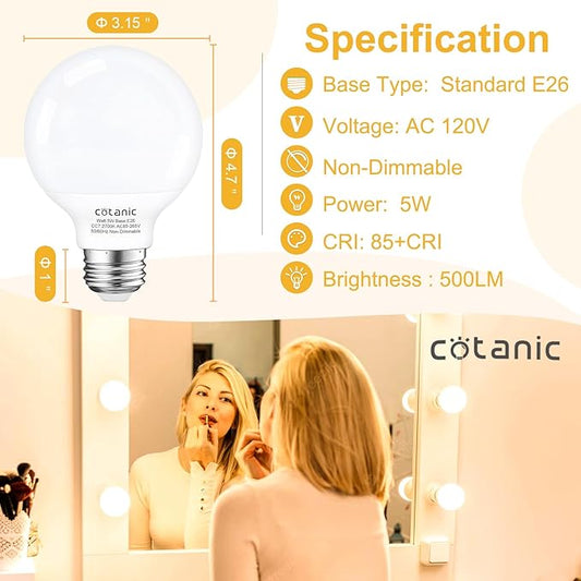 Cotanic G25 LED Vanity Light Bulb 2700K Warm White, Globe Light Bulbs for Bathroom Vanity Mirror 500LM,E26 Screw Base 5W 60W Incandescent Equivalent,Non-dimmable,Pack of 4