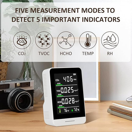 5-in-1 Air Quality Monitor Indoor for CO2/HCHO/TVOC/Temp/Hum, Portable Real-time Detector, LCD Display, Suitable for Baby Room, Living Room, Office, Kitchen, Warehouse