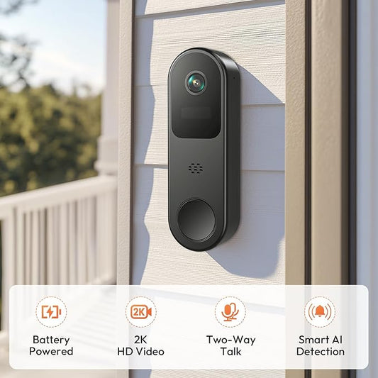 2K HD Battery Doorbell Camera Wireless with Ring Chime, Smart Video Doorbell with Two-Way Talk, Secure Cloud Storage, AI Detection and Instant Alerts, Night Vision, Compatible with Alexa