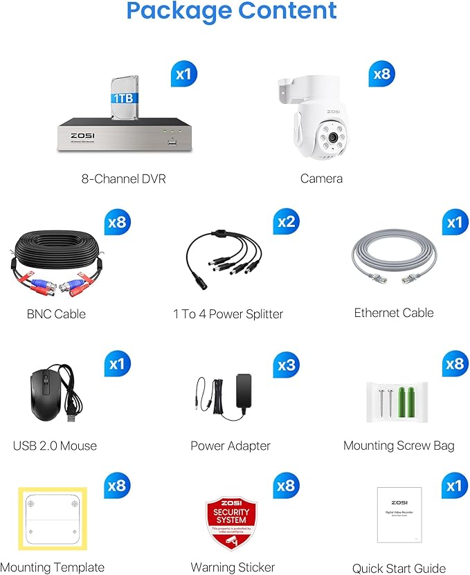 ZOSI 5MP Wired Security Camera System, 8pcs 1080p 360° Pan/Tilt Weatherproof Cameras, Audio Recording, AI Human Vehicle Detection, Night Vision, H.265+ 8CH Home DVR with 1TB HDD for 24/7 Surveillance
